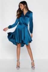 NASTY Hey Girl What’s Satin-ing Wrap Dress in Teal – floaty party fashion