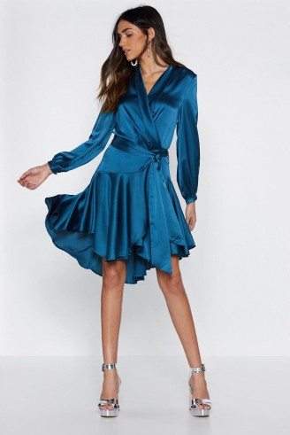 NASTY Hey Girl What’s Satin-ing Wrap Dress in Teal – floaty party fashion