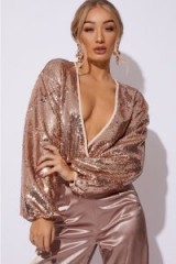 IN THE STYLE JAYNAH GOLD SEQUIN BALLOON SLEEVE BODYSUIT – instant party glamour