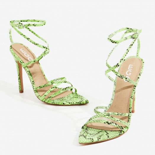EGO Kaia Pointed Barely There Heel In Neon Green Snake Print Faux ...