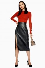 Topshop Leather Look Pencil Skirt in Black | high front slit