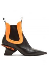 PRADA Black leather and orange neoprene insert point-toe chelsea boots – contemporary style booties