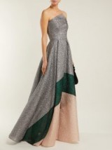 ROLAND MOURET Lucia silver, green and pink panelled metallic-cloqué gown ~ strapless event wear