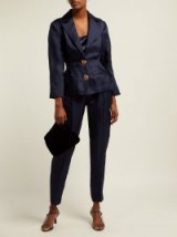 ALBUS LUMEN Lujo navy pleated silk-organza blazer ~ luxe blue fitted waist jacket