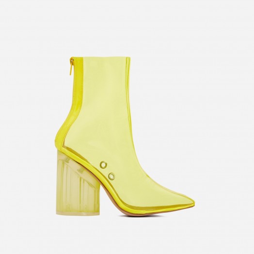 EGO Mimi Perspex Block Heel Pointed Ankle Sock Boot In Neon Yellow – clear retro boots