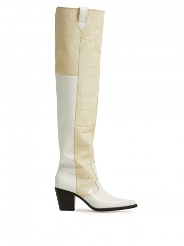 GANNI Nadine cream and white knee-high crocodile-effect leather boots