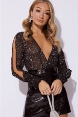 IN THE STYLE NIA BLACK STAR PRINT CHIFFON BODYSUIT – glamorous split sleeve party top