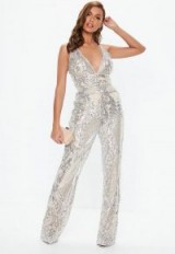 MISSGUIDED nude sequin plunge wide leg jumpsuit – sparkly party fashion