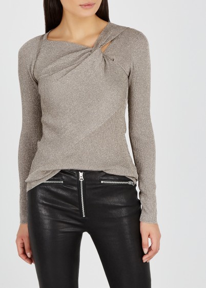 3.1 PHILLIP LIM Grey twist-effect metallic-knit top ~ luxe knitwear