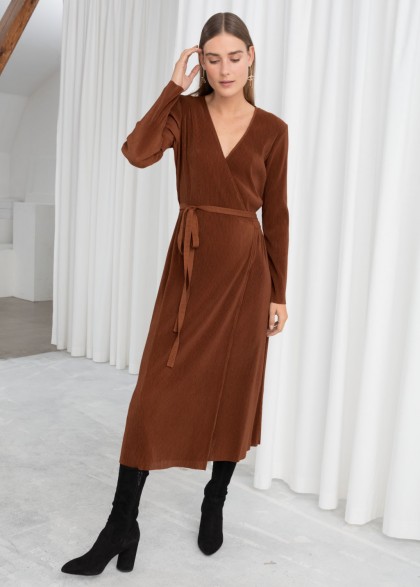 & other stories Plissé Pleated Wrap Dress in brown