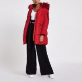 RIVER ISLAND Red faux fur trim longline puffer jacket – warm and snugly bright winter coat