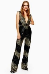 TOPSHOP Sequin Jumpsuit in black / shimmering plunge front jumpsuits