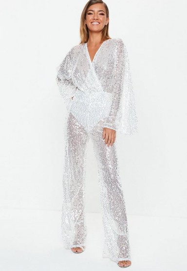 MISSGUIDED silver sequin plunge jumpsuit – semi sheer party wear