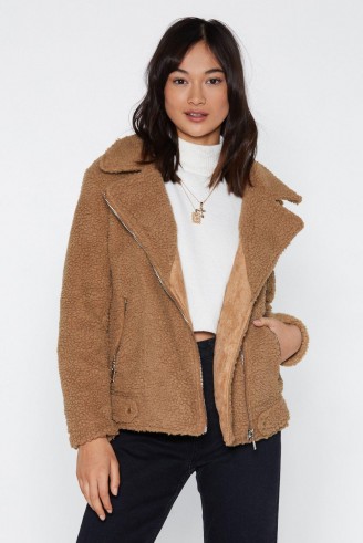 NASTY GAL Teddy Fur Jacket in Brown