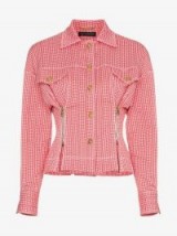 Versace Red and White Check Print Zip Detail Cropped Jacket