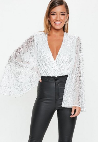 MISSGUIDED white silver sequin plunge bodysuit – wide sleeve party fashion