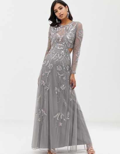 ASOS DESIGN ergonomic embellished maxi dress in grey – glamorous cut-out occasion dresses