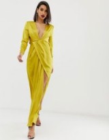 ASOS EDITION split side plunge maxi in satin in olive – evening glamour