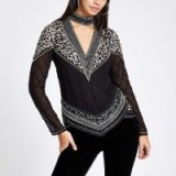 RIVER ISLAND Black sequin embellished choker neck top – sparkly party tops