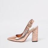 River Island Bright gold block heel sling back court shoes – chunky heeled slingbacks