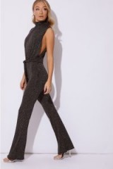 IN THE STYLE FRANKI BLACK GLITTER HIGH NECK TIE WAIST JUMPSUIT – glamorous party fashion