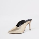 RIVER ISLAND Gold leather pointed toe slim heel mules / metallic evening shoes