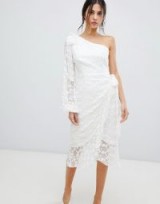 Keepsake Retrospect one sleeve lace midi dress in ivory – glamorous party dresses