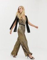 Moon River metallic wide leg jumpsuit with bow shoulders in bronze – party glamour