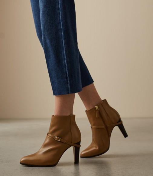 REISS OPHELIA BUCKLE DETAIL ANKLE BOOTS TAN ~ stylish light-brown booties