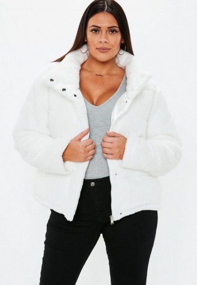 MISSGUIDED plus size cream faux fur puffer jacket – curvy winter coats