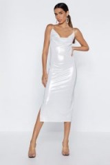 NASTY GAL Shine Waits For No One Cowl Dress in nude – shiny party dresses