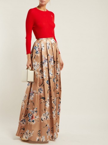 ROCHAS Tulip-print camel satin maxi skirt ~ light brown floral skirts