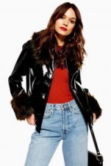 TOPSHOP Vinyl Faux Fur Trim Coat in Black / high-shine jackets