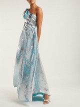 HALPERN Asymmetric metallic-silver plissé gown ~ blue chiffon underlay gowns