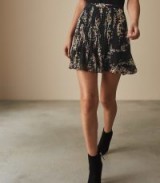 REISS BELIA PRINTED MINI SKIRT BLACK FLORAL ~ flouncy front pleated skirts