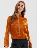 Boohoo satin pocket front jacket in rust ~ silky funnel neck jackets