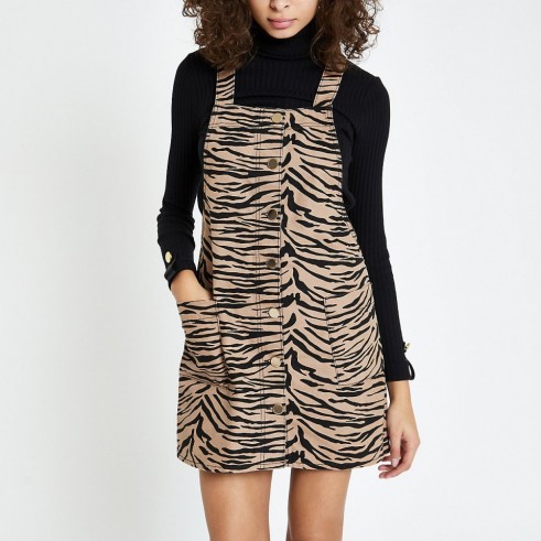 RIVER ISLAND Brown zebra print dungaree dress – animal prints