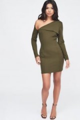 LAVISH ALICE cut out shoulder ponte midi dress in khaki – statement party dresses