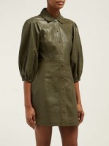 GANNI Mernati puffed-sleeve green leather dress