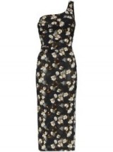 OFF-WHITE floral print bodycon midi dress / one shoulder design