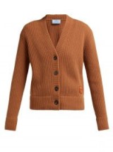 PRADA Oma logo-patch ribbed brown wool-blend cardigan ~ chunky designer cardi