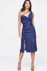 LAVISH ALICE one shoulder cowl neck double split satin midi dress in navy – blue front slit party dresses