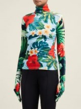 RICHARD QUINN Palm-print high-neck blue velvet top ~ tropical floral top