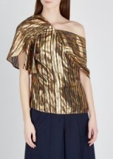 PETER PILOTTO Gold lamé-striped silk-blend top ~ metallic stripe off shoulder blouse