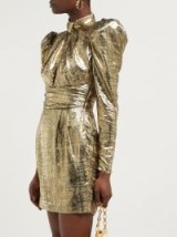 DUNDAS Puffed-sleeve silk-blend lamé mini dress ~ metallic-gold event wear ~ 80s style glamour