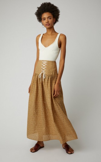 Marysia Swim Riviera Cotton-Eyelet Maxi Skirt in Brown | front corset style skirts