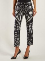 ALEXANDER MCQUEEN Shell-print wool-blend black satin-twill trousers ~ printed crop leg pants