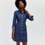 WAREHOUSE SNAP FRONT POCKET DRESS in dark wash denim / blue shirt dresses