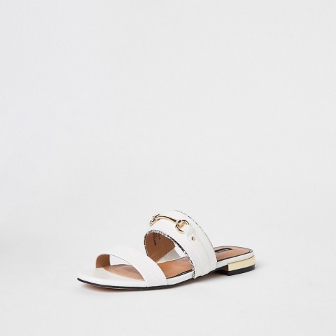 River Island White snaffle open toe mules | gold bit embellished flats