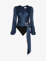 Alexandre Vauthier V-Neck Diamanté Clasp All-In-One in Blue and Black ~ luxe bodysuits